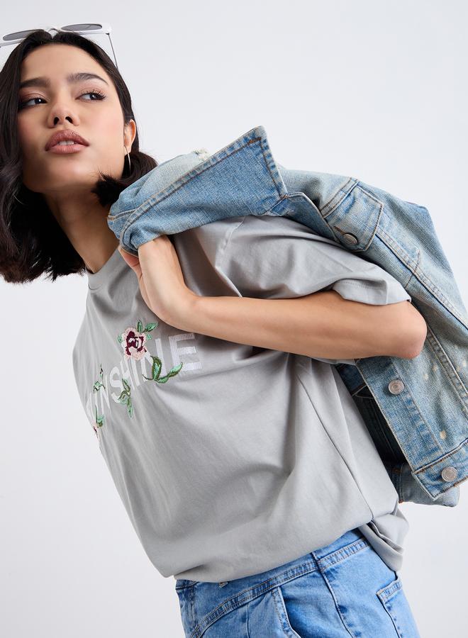 Styli Embroidered Slogan Short Sleeves Oversized T-Shirt - Image 5