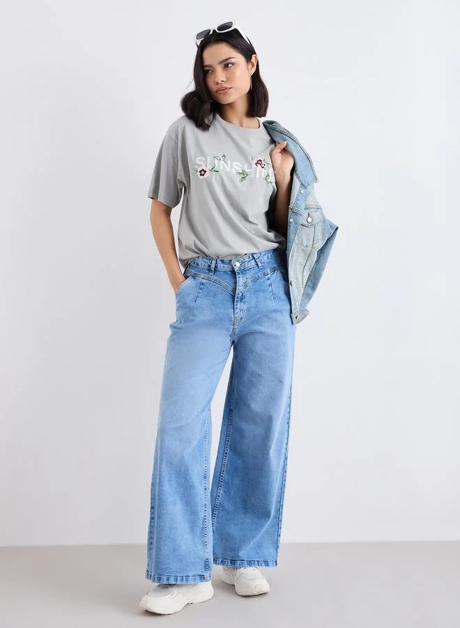 ستايلي Styli Embroidered Slogan Short Sleeves Oversized T-Shirt