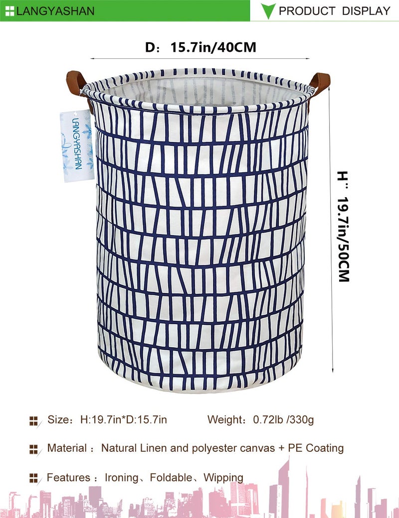 LANGYASHAN Laundry Basket Canvas Fabric Collapsible Organizer Basket for Storage Bin Toy Bins Gift Baskets Bedroom Clothes Children Nursery Hamper (Blue Stripes) - Image 2