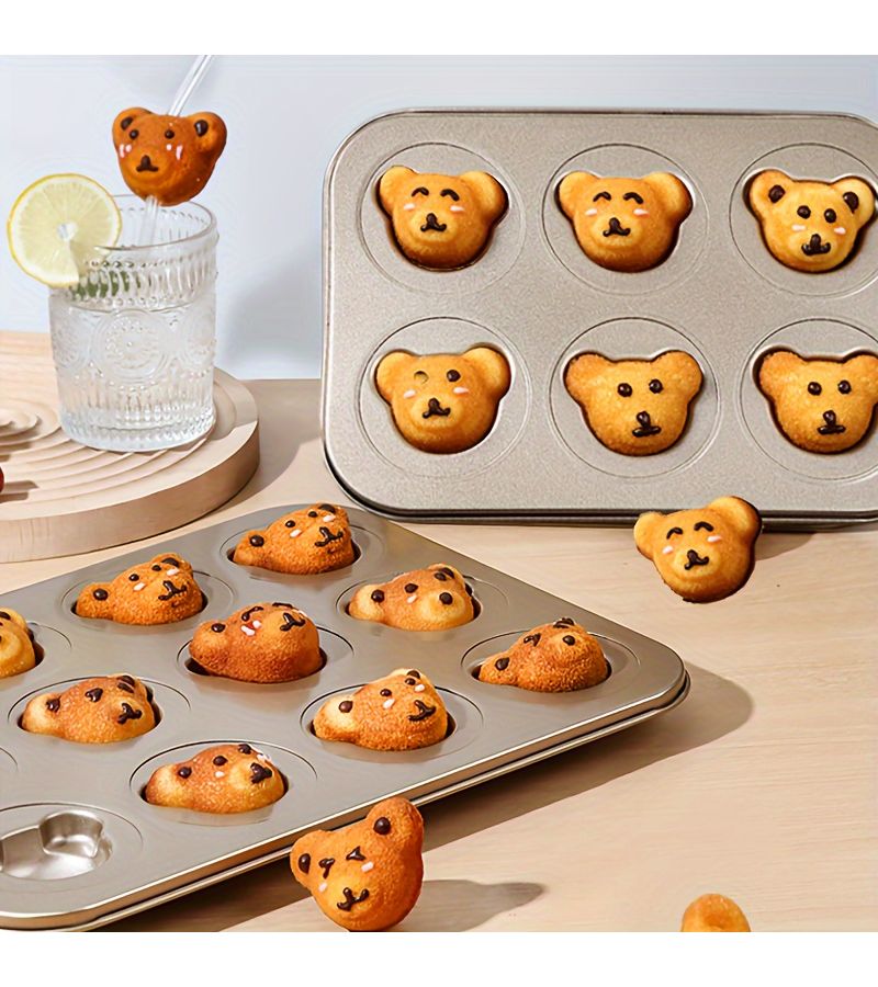 Golden 4 Cavity 3D Bear Head Baking Tray for Cake Muffin and Cookie - Image 1