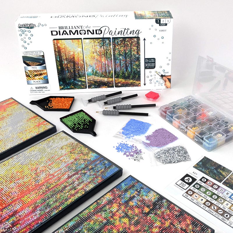 ArtSkills Diamond Painting Kit, Diamond Art on Framed Canvas with Gem Storage Case and Accessory Kit, Forest, 3 Stretched Canvas Panels, 14â€ x 7â€ Each - Image 1