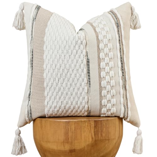 AmHoo Chenille Striped Textured Boho Throw Pillow Covers Aesthetic with Tassels Woven Decorative Pillow Case for Couch Bed Sofa Bedroom Modern Funky 18 x 18Inch White - Image 1