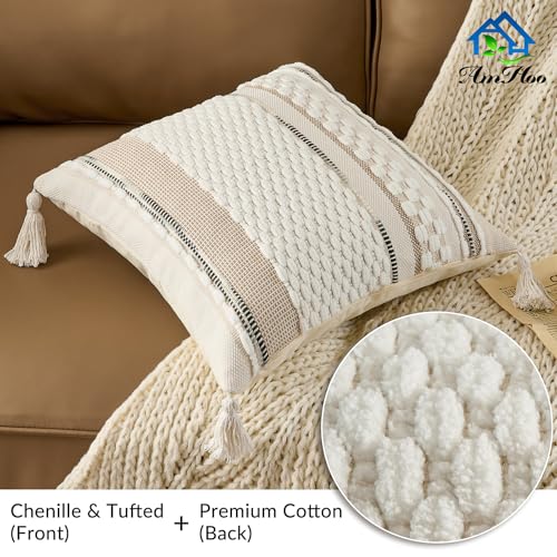 AmHoo Chenille Striped Textured Boho Throw Pillow Covers Aesthetic with Tassels Woven Decorative Pillow Case for Couch Bed Sofa Bedroom Modern Funky 18 x 18Inch White - Image 3
