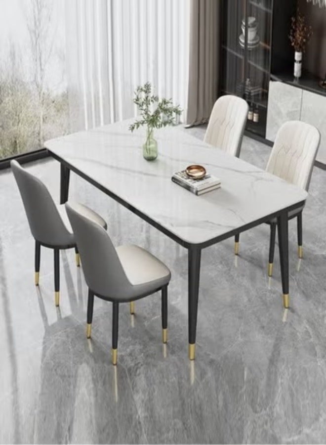 Modern Multipurpose Industrial Standard Rectangle Sintered Stone Dining Table and 4 Concave Curve Chair Set for Kitchen Restroom Metal and Marble 120 x 60 x 75 and 40 x 42 x 86 Centimeter