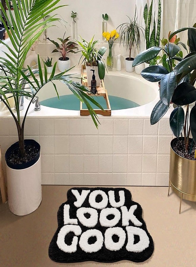UNIBATH You Look Good Bath Mat Black and White Bathroom Rugs Funny Cute Bathroom Decor Preppy Small Cool Rug Non Slip Microfiber Washable Absorbent Shower Rug, 25”x21” - Image 3