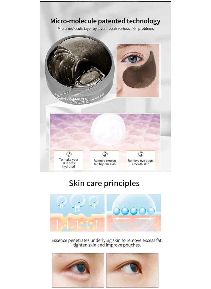 Lanbena Gold Eye Mask Pearl Hydra-Gel Collagen Eye Patches, Black Under Eye Pads for Relieve Dark Circles Puffiness, Reducing Fine Lines, Moisturizing Refresh Eyes Skin (30 Pairs) - Image 5