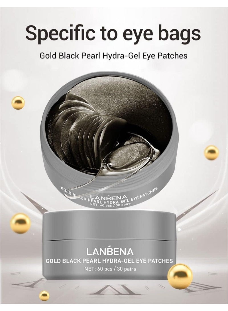 Lanbena Gold Eye Mask Pearl Hydra-Gel Collagen Eye Patches, Black Under Eye Pads for Relieve Dark Circles Puffiness, Reducing Fine Lines, Moisturizing Refresh Eyes Skin (30 Pairs) - Image 2