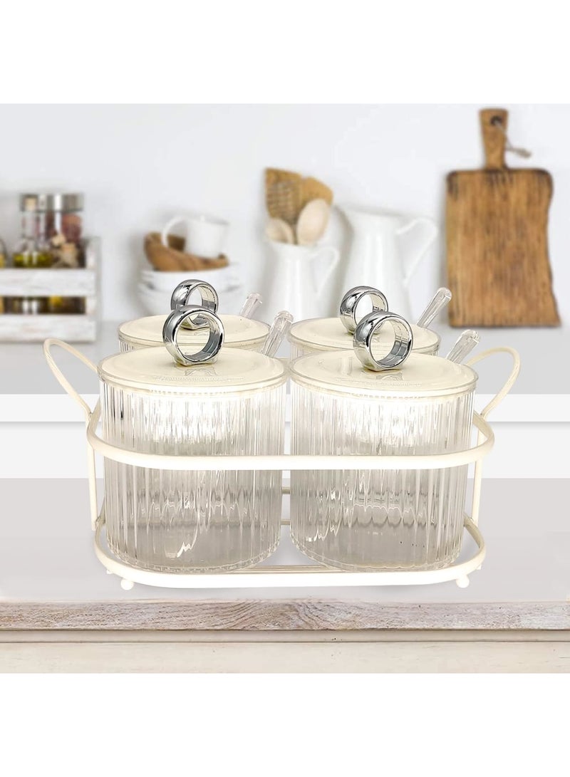 Barakah Seasoning Box, 4 Piece Clear Acrylic Condiment Spice Jars, Condiment Pot With Spoons,Lids and Iron Tray - Salt Container Sugar Bowl, Clear Canisters for Kitchen Home Salt, Paprika, Sugar - Image 1
