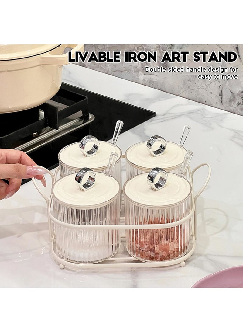 Barakah Seasoning Box, 4 Piece Clear Acrylic Condiment Spice Jars, Condiment Pot With Spoons,Lids and Iron Tray - Salt Container Sugar Bowl, Clear Canisters for Kitchen Home Salt, Paprika, Sugar - Image 3