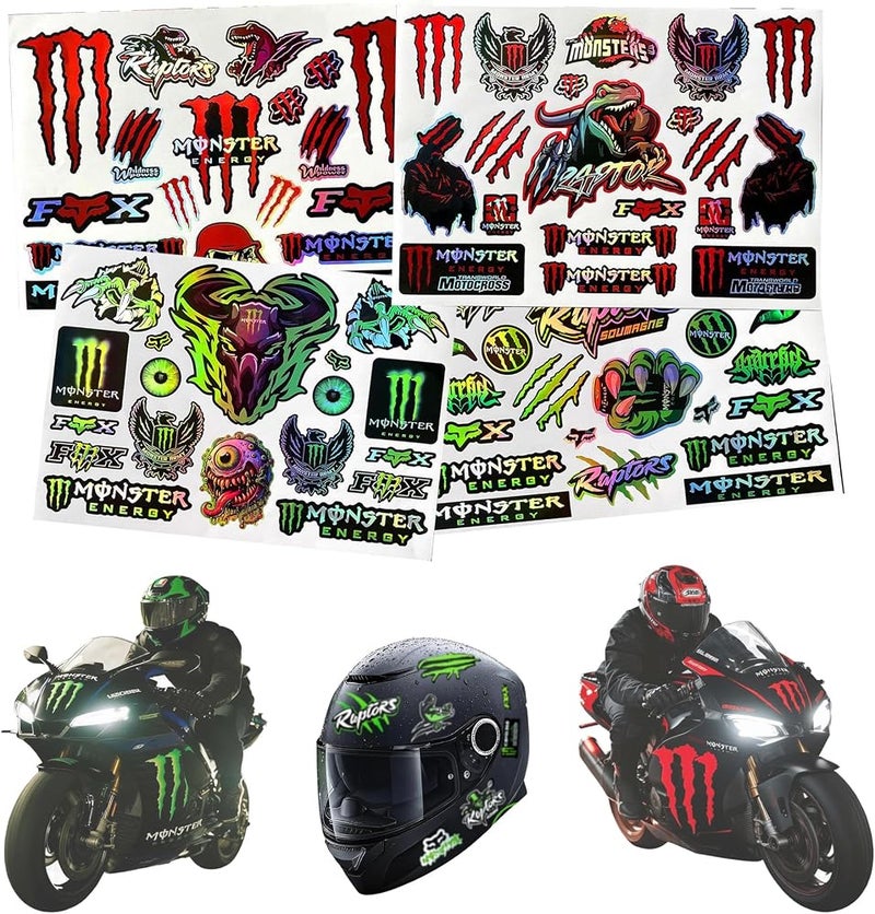 POKITA X 4 PCS Reflective Monster Energy Sticker Combo Pack (Red & Green) - High-Visibility Waterproof Motorcycle Helmet Decals for Bike, Skateboard, Scratch Resistant DIY Bike & Quad Stickers - Image 1