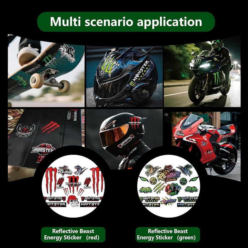 POKITA X 4 PCS Reflective Monster Energy Sticker Combo Pack (Red & Green) - High-Visibility Waterproof Motorcycle Helmet Decals for Bike, Skateboard, Scratch Resistant DIY Bike & Quad Stickers - Image 4
