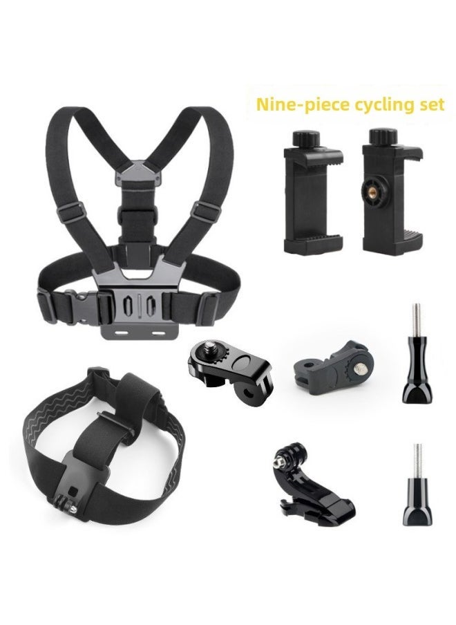 Generic Head-mounted Mobile Phone Fixed Bracket Riding Diyi Person Shooting Bracket Live Sports Camera Motorcycle Riding Chest Strap-Colour:Chest Strap + Headband Nine-piece Set  - Image 1