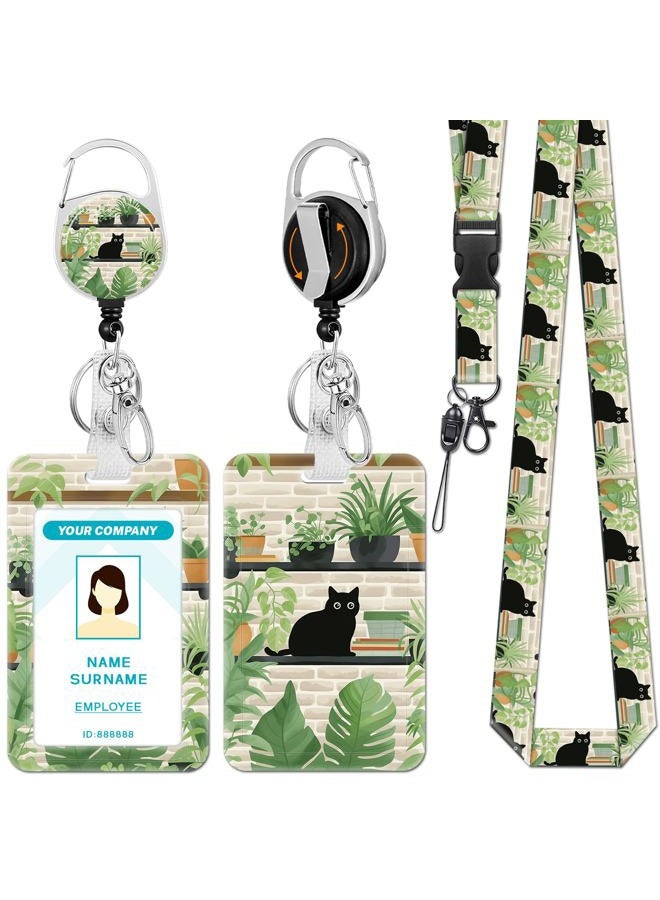 Hancynir Lanyards for Id Badges, Black Cat Leaves Badge Holder with Retractable Reel Clip, Cute Work Name Tags Keychain Lanyard ID Card Protector Cover Case for Women Teacher Nurse Doctor Office Gift - Image 1