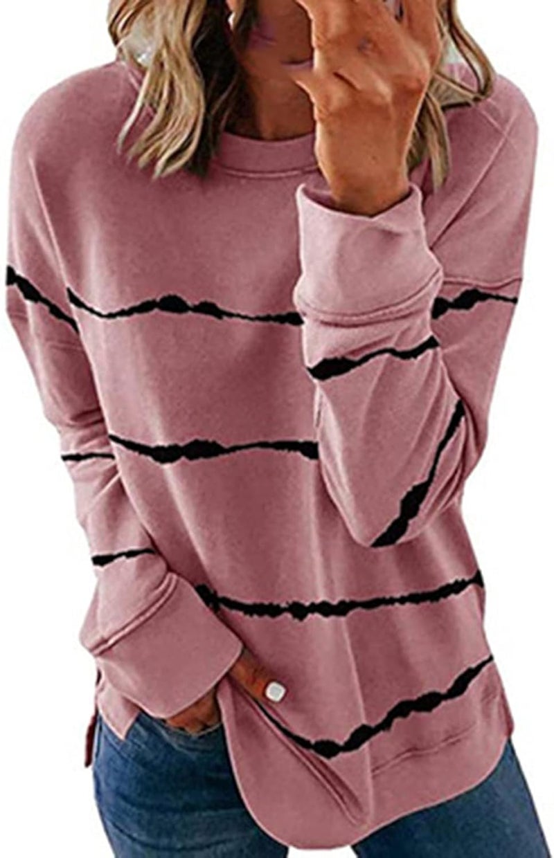 cheekyglo Womens 2022 Fall Winter Fashion Tops Casual Long Sleeve Crewneck Sweatshirt Blouse Striped Loose Soft Pullover Shirts - Image 1