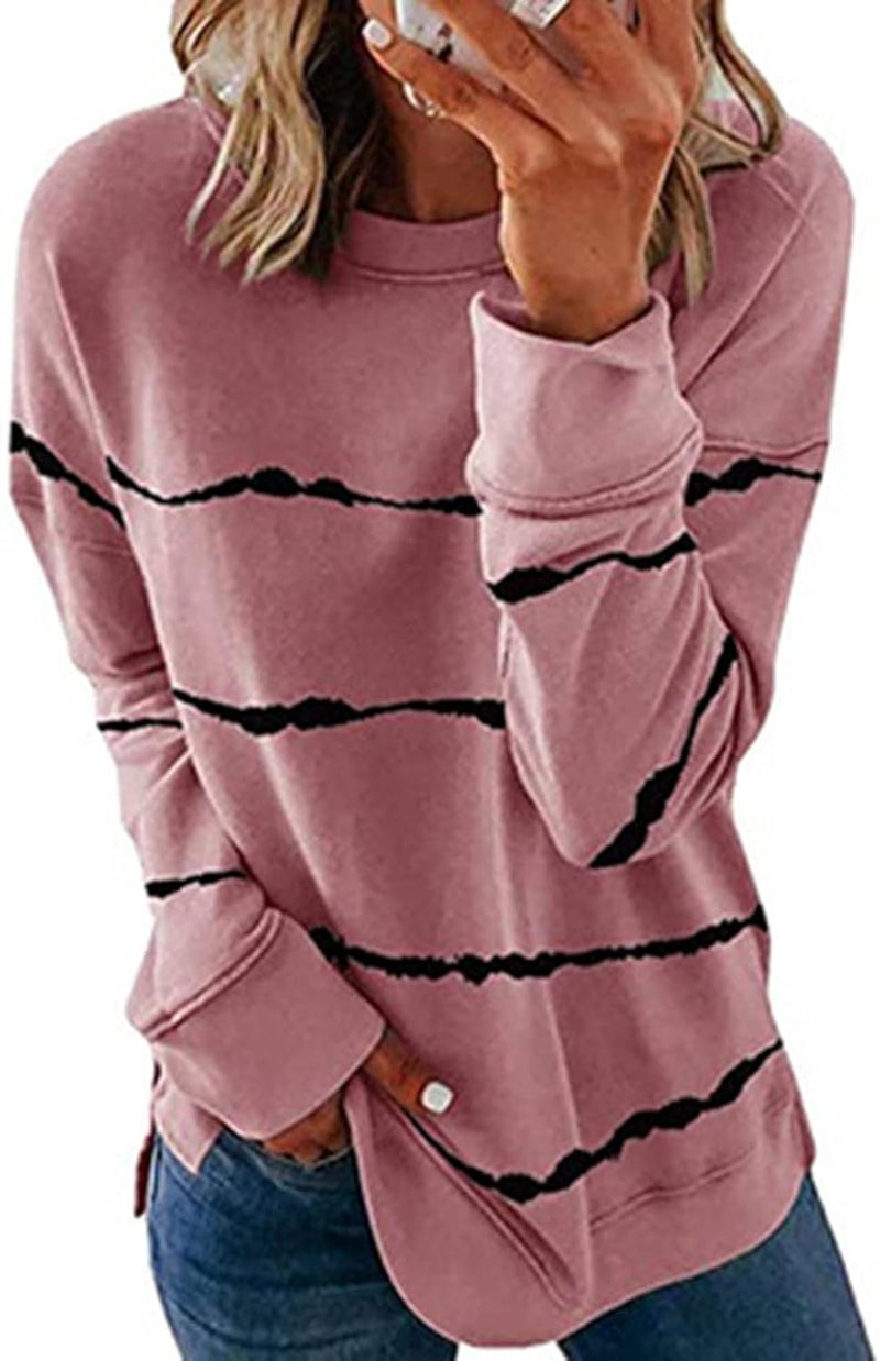 cheekyglo Womens 2022 Fall Winter Fashion Tops Casual Long Sleeve Crewneck Sweatshirt Blouse Striped Loose Soft Pullover Shirts - Image 2