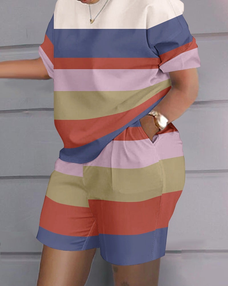 Hip-Hop Street Trendy Plus-Size Womens Casual Outfit striped print