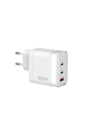 3-Port Fast Charging Adapter with 1× USB-A, 2× USB-C and PD 65W, Multi-Device Charging, Powerful Laptop Charging, Universal Protocol Support - White