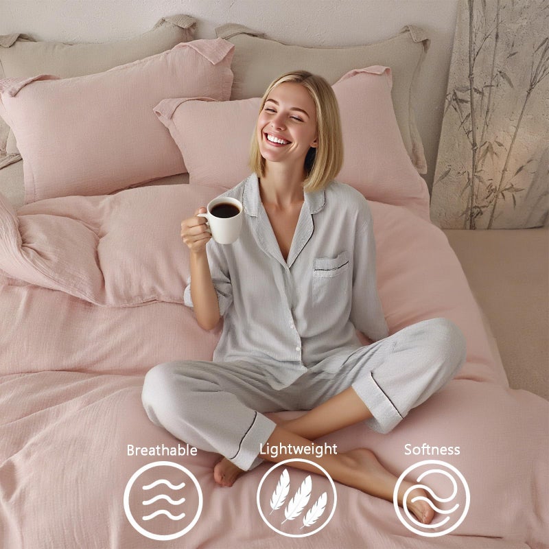 MorroMorn Muslin Duvet Cover Twin Size, 100% Breathable Cotton 2-Layer Gauze Comforter Cover Set 3 Pieces with 2 Pillowcases Zipper Closure & Corner Ties, Ultra Soft Linen Like, 68"x90", Pink - Image 2