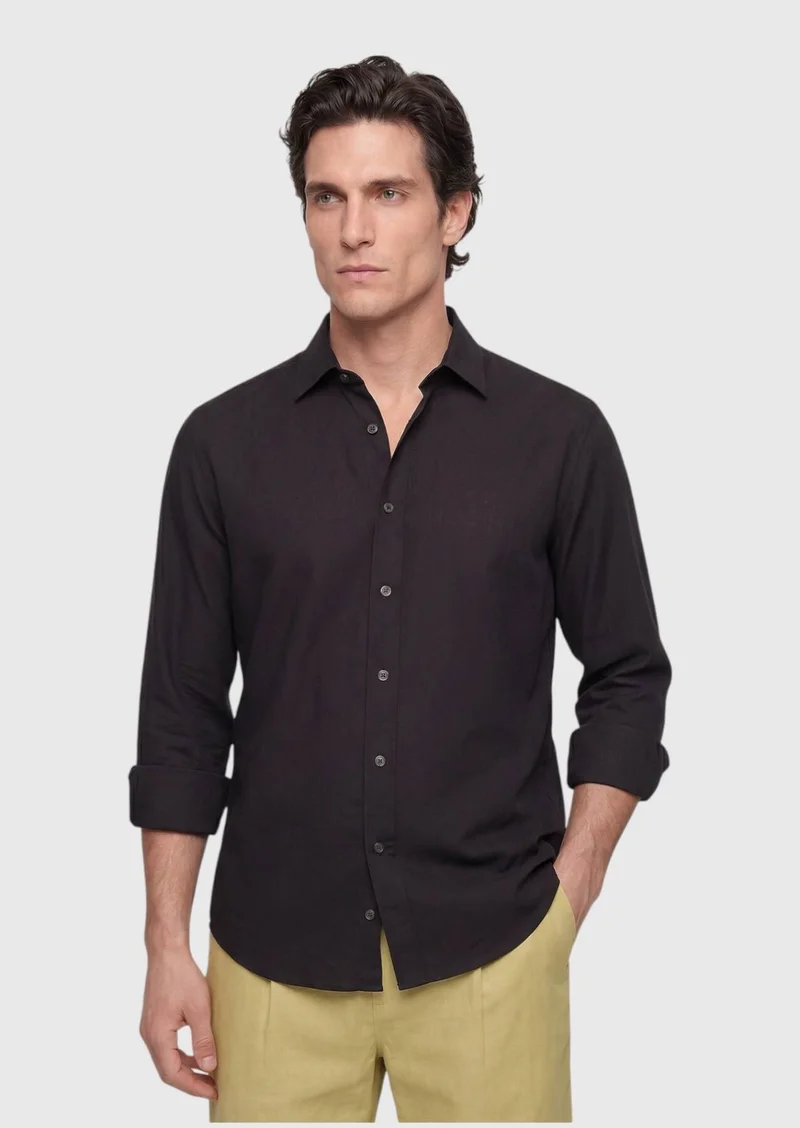 RAMSEY Black Plain Casual Fit Long Weaving Casual 100% Cotton Shirt