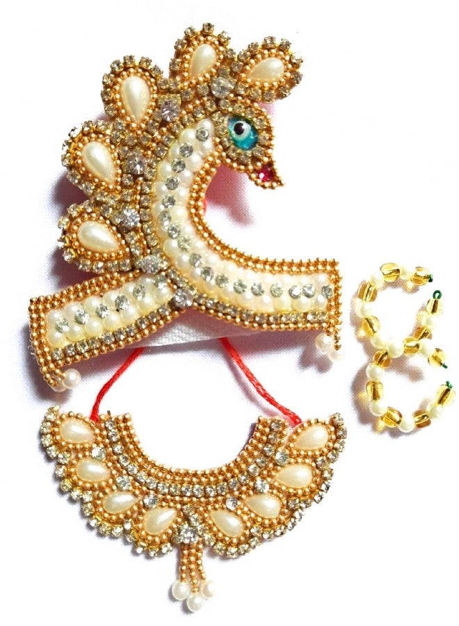 FUTUREZ KEY White Peacock Design with zircon (American diamond) Laddu Gopal Mala, Mukut and Bangle Set Krishna Stone haar Mukut/Thakurji kanha shringar (Size 4-5) - Image 1