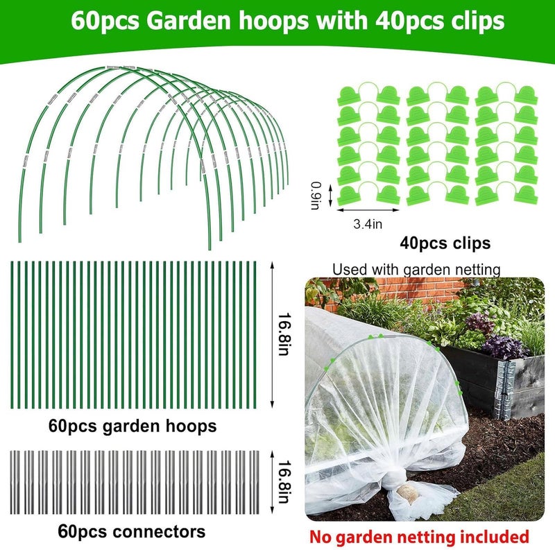 FuBegi 60pcs Garden Hoops for Raised Beds Wide, 8ft Greenhouse Hoops Grow Tunnel for Row Cover Netting, Adjustable Fiberglass Rust-Free Garden Bed Plant Hoops Support DIY Frame Stake for Outdoor, 40pcs Clips - Image 2