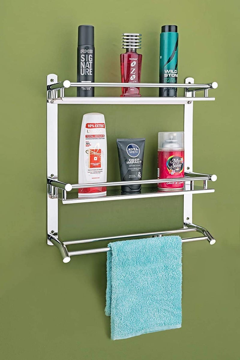 QUISTAL Stainless Steel 3 Layer Shelf with Towel Rod Multipurpose Wall Mount Bathroom ShelfRackStand - Image 5