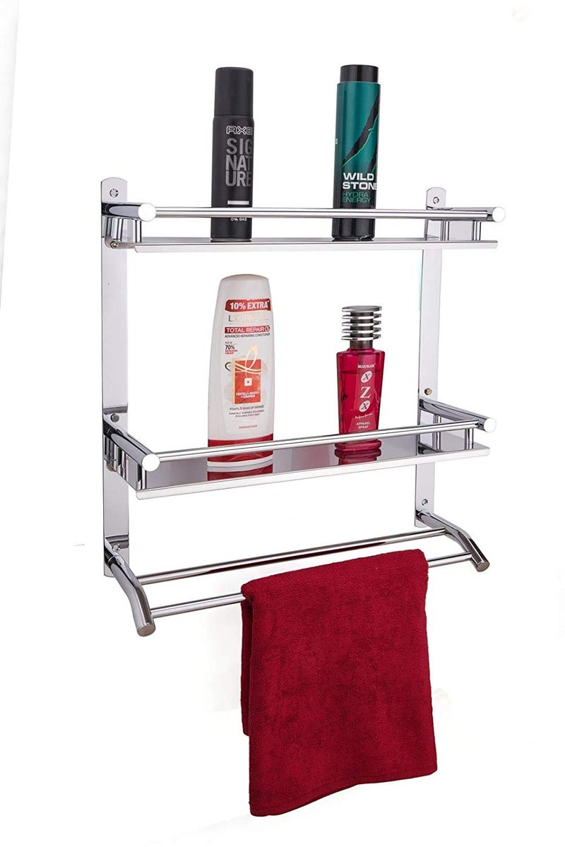 QUISTAL Stainless Steel 3 Layer Shelf with Towel Rod Multipurpose Wall Mount Bathroom ShelfRackStand - Image 4