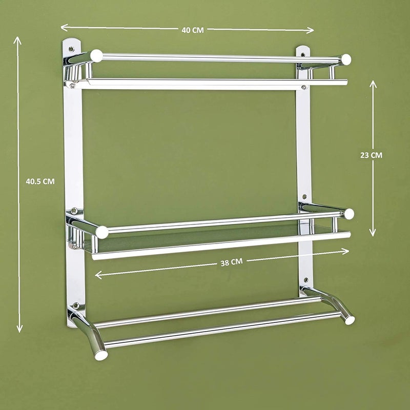QUISTAL Stainless Steel 3 Layer Shelf with Towel Rod Multipurpose Wall Mount Bathroom ShelfRackStand - Image 2