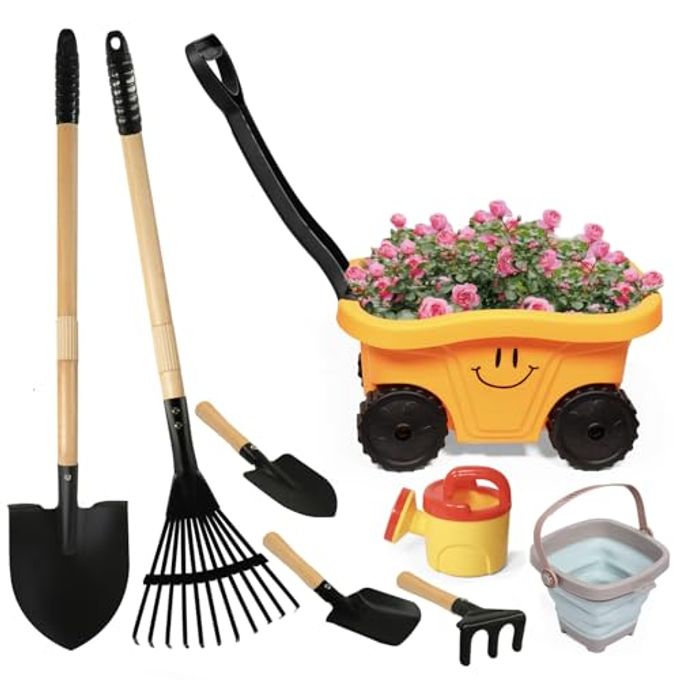 CHEERBANK Toddlers Rake Shovel Set with Wheelbarrow Kids Yard Tools for Digging Gardening Beach Sandbox Lawn Camping Summer Outdoor Garden Toys Gifts for Children Age 25 Years Old