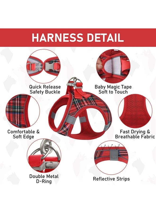 GAMUDA Small Pet Harness Collar and Leash Set, Step in No Chock No Pull Soft Mesh Adjustable Dog Vest Harnesses Plaid Reflective for Dogs Puppy and Cats Outdoor Training and Running (Red, M) - Image 1
