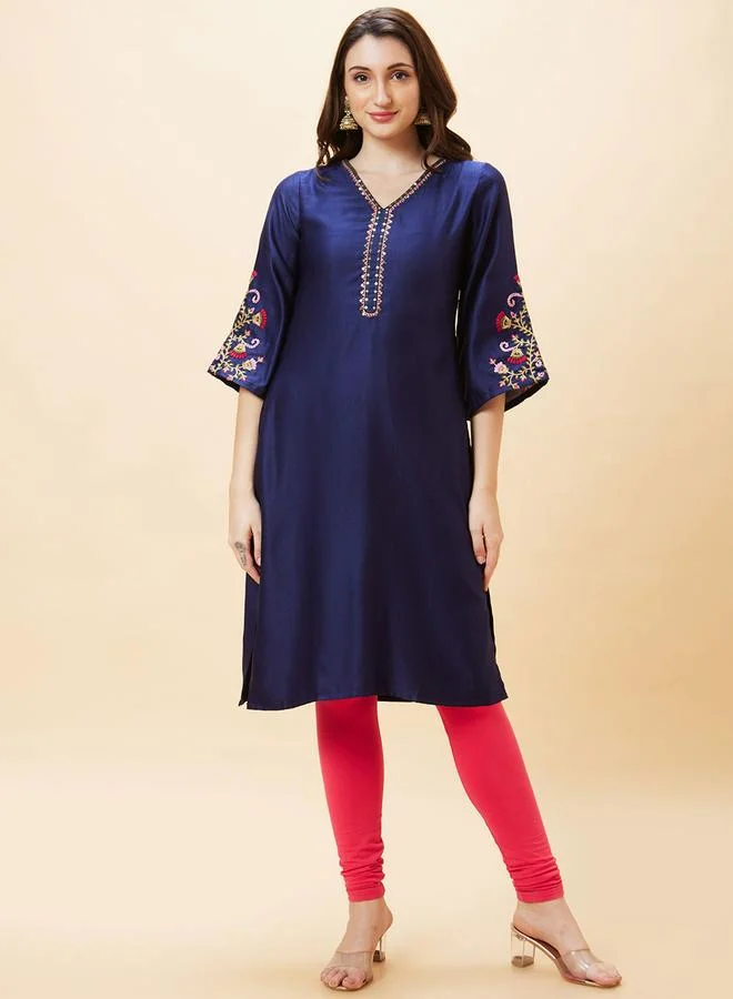 globus Embroidered V Neck Flared Sleeves Straight Kurta