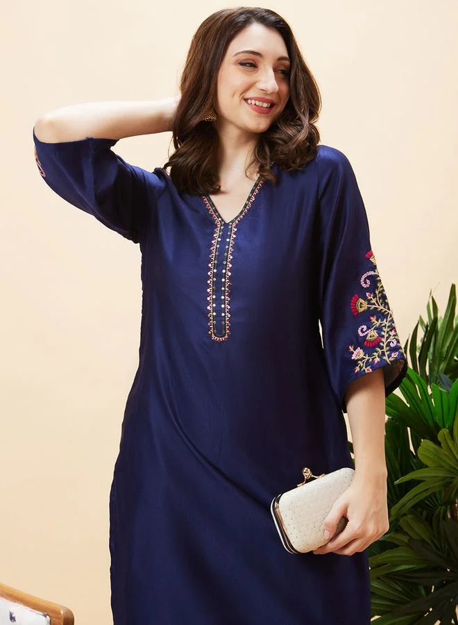 globus Embroidered V Neck Flared Sleeves Straight Kurta