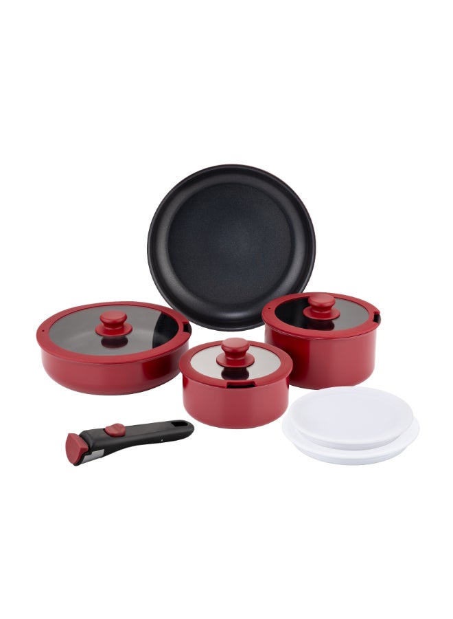 ايست من نون طقم قدور 10 قطع غير لاصقة من الألومنيوم بمقبض قابل للإزالة 1× قدر 16 سم مع غطاء، 1× قدر 18 سم مع غطاء، 1× مقلاة سوتيه 24 سم مع غطاء، 1× مقلاة 26 سم، 1× غطاء - مقبض قابل للفك –  لون أحمر - Image 1