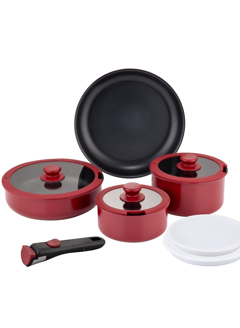 Noon East 10 Piece Detachable Aluminum Cookware Set, Non-Stick, 1x16cm Saucepan with Lid, 1x18cm Saucepan with Lid, 1x24cm Sautee Pan with Lid, 1x26m Frypan, 1x16cm Fridge Lid, 1x18cm Fridge Lid, 1xhandle - Red - Image 1