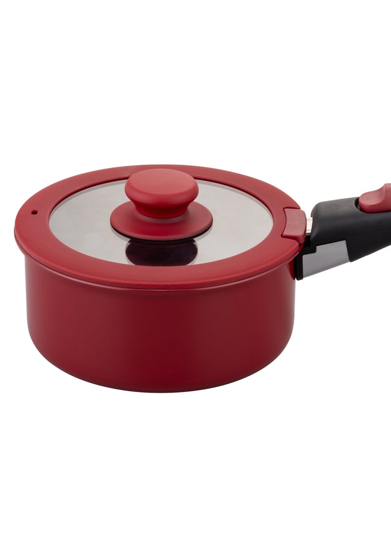 Noon East 10 Piece Detachable Aluminum Cookware Set, Non-Stick, 1x16cm Saucepan with Lid, 1x18cm Saucepan with Lid, 1x24cm Sautee Pan with Lid, 1x26m Frypan, 1x16cm Fridge Lid, 1x18cm Fridge Lid, 1xhandle - Red - Image 5
