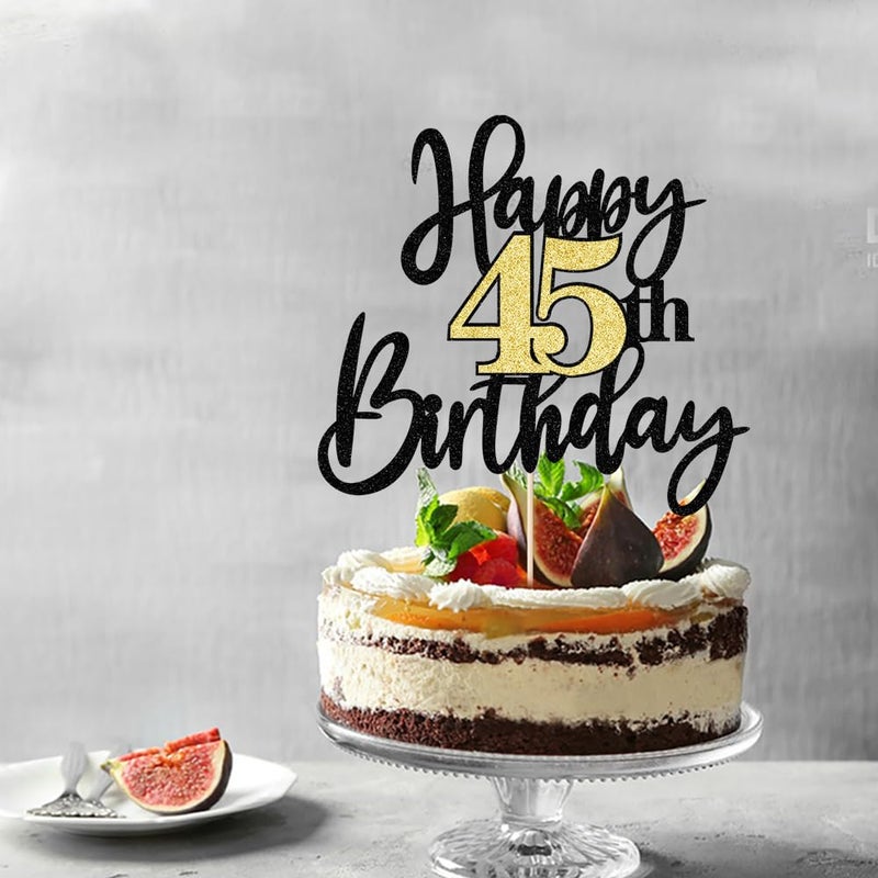 Yetxel Black Gold Glitter Happy 45th Birthday Cake Topper Happy 45 Birthday Cake Decoration for 45 & Fabulous Birthday Hello 45 Party Anniversary Party Cake Decorations Supplies - Image 5