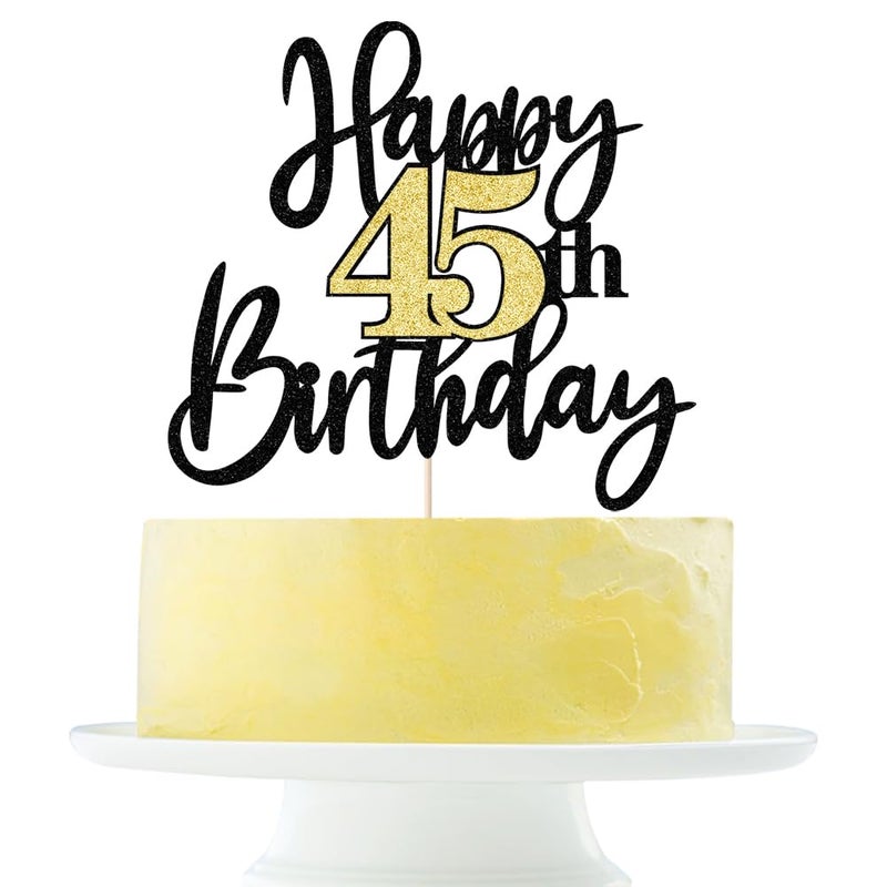 Yetxel Black Gold Glitter Happy 45th Birthday Cake Topper Happy 45 Birthday Cake Decoration for 45 & Fabulous Birthday Hello 45 Party Anniversary Party Cake Decorations Supplies - Image 1