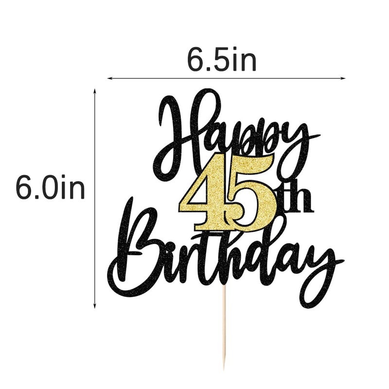 Yetxel Black Gold Glitter Happy 45th Birthday Cake Topper Happy 45 Birthday Cake Decoration for 45 & Fabulous Birthday Hello 45 Party Anniversary Party Cake Decorations Supplies - Image 3