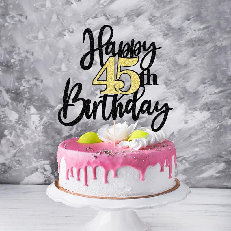Yetxel Black Gold Glitter Happy 45th Birthday Cake Topper Happy 45 Birthday Cake Decoration for 45 & Fabulous Birthday Hello 45 Party Anniversary Party Cake Decorations Supplies - Image 4