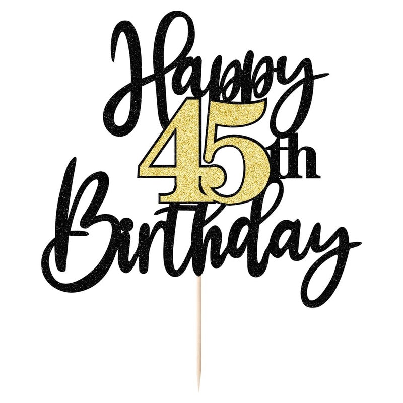 Yetxel Black Gold Glitter Happy 45th Birthday Cake Topper Happy 45 Birthday Cake Decoration for 45 & Fabulous Birthday Hello 45 Party Anniversary Party Cake Decorations Supplies - Image 2