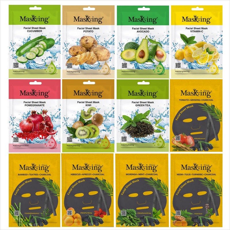 MasKing Beauty Facial Sheet Mask 7pcs Charcoal Sheet Mask 5pcs For Glowing Skin Hydrating Moisturising Brightening Oil Control Beauty Collection Pack Combo Pack of 12 Sheet Mask - Image 1