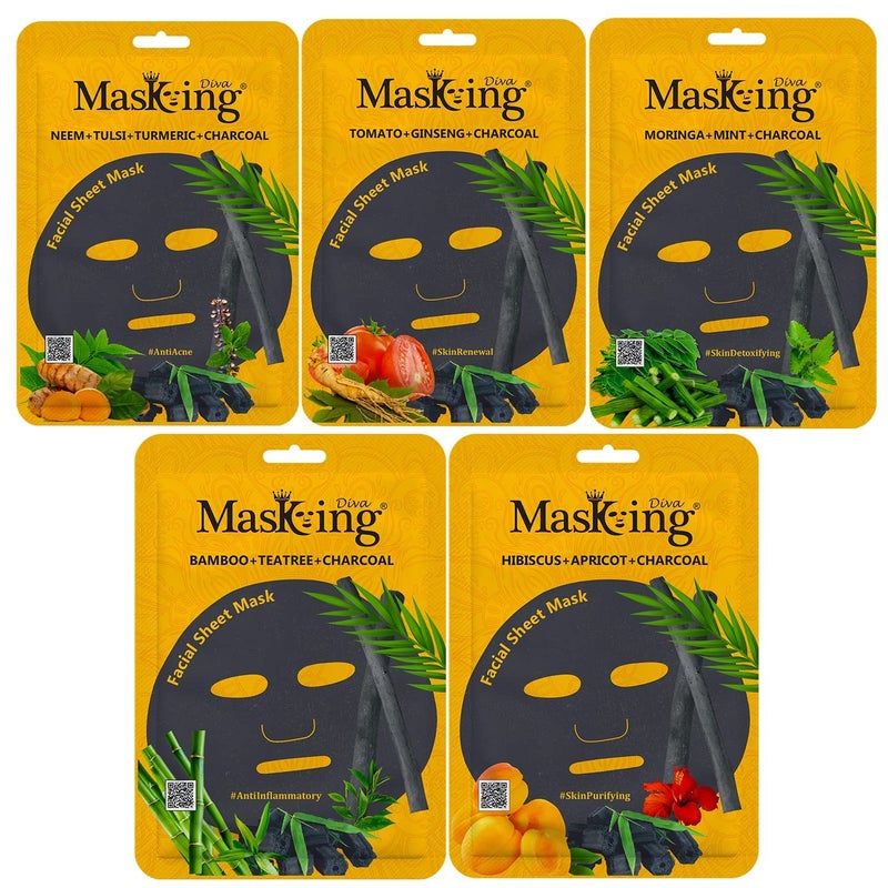MasKing Beauty Facial Sheet Mask 7pcs Charcoal Sheet Mask 5pcs For Glowing Skin Hydrating Moisturising Brightening Oil Control Beauty Collection Pack Combo Pack of 12 Sheet Mask - Image 3