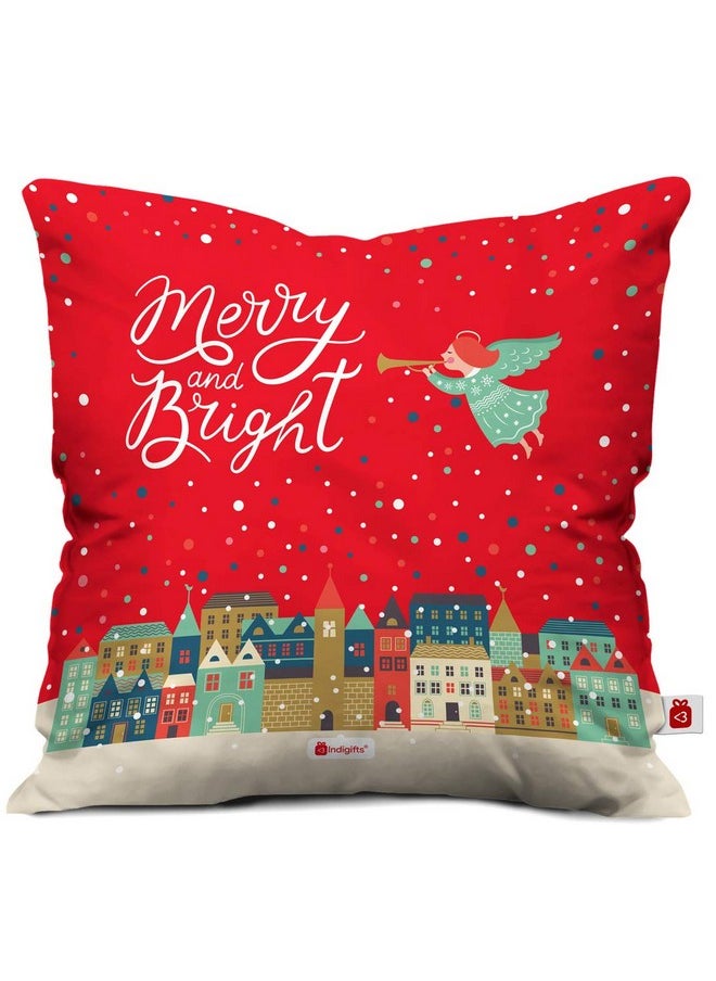 Indigifts Indigifts Christmas Gifts Merry and Bright Printed Red Cushion Cover 12x12 inches with Filler - Christmas Cushion, Christmas Decorations for House, Xmas Decorations  - Image 1