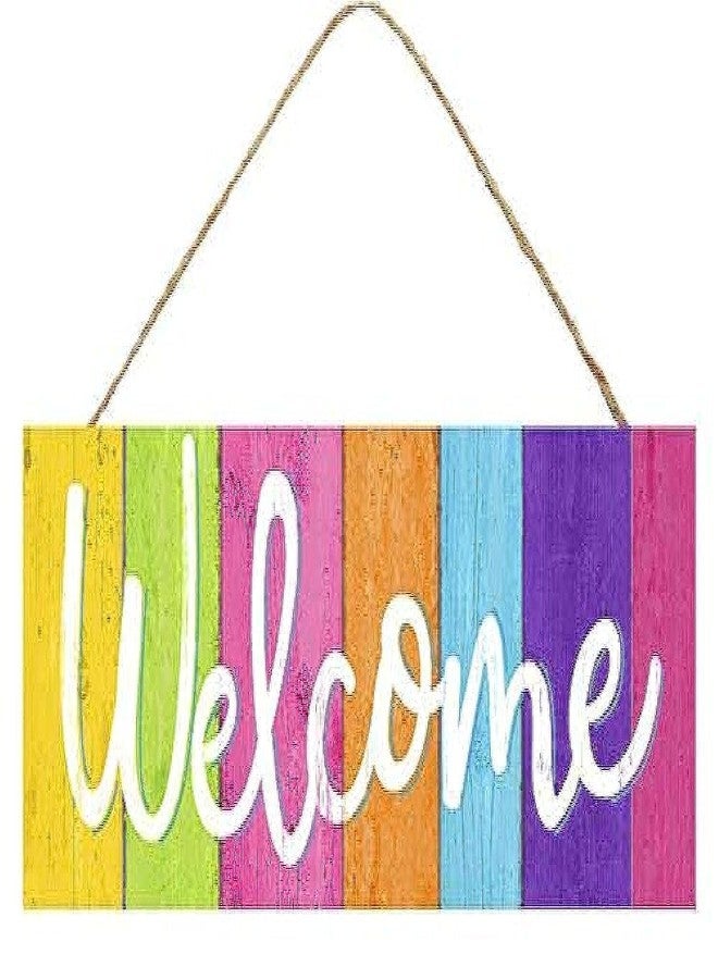 GiftWrap Etc. Summer Colors Wooden Welcome Sign - 15" x 5", Yellow, Green, Pink, Orange, Blue, Purple, Fuchsia, Summer, Front Door, Wreath, Kitchen, School, Daycare, Christmas, Mardi Gras, Easter - Image 1