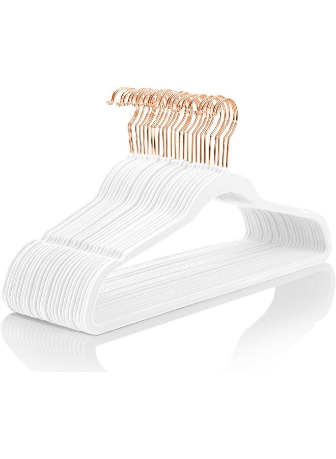 MIZGI Premium Velvet Hangers (Pack of 30) Heavyweight - Non Slip - Velvet Suit Hangers White - Copper/Rose Gold Hooks, Space Saving Clothes Hangers - Image 1