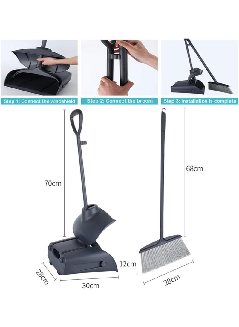 Amber Home Broom and Dustpan Set with Lid | Stand-Up Long Handle Dust Pan for Home, Kitchen, Office, Lobby, Outdoor Cleaning – Self-Cleaning Teeth, Ergonomic Design | Grey - Image 2