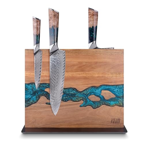 FINDKING Magnetic Knife Block, Double Sided Holder, Powerful Magnet Kitchen Storage, Acacia Wood and Blue Resin (12 x 10 Inches, Without Knives) - Image 1