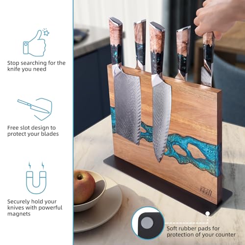 FINDKING Magnetic Knife Block, Double Sided Holder, Powerful Magnet Kitchen Storage, Acacia Wood and Blue Resin (12 x 10 Inches, Without Knives) - Image 3