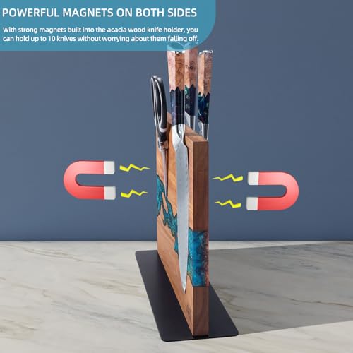 FINDKING Magnetic Knife Block, Double Sided Holder, Powerful Magnet Kitchen Storage, Acacia Wood and Blue Resin (12 x 10 Inches, Without Knives) - Image 4