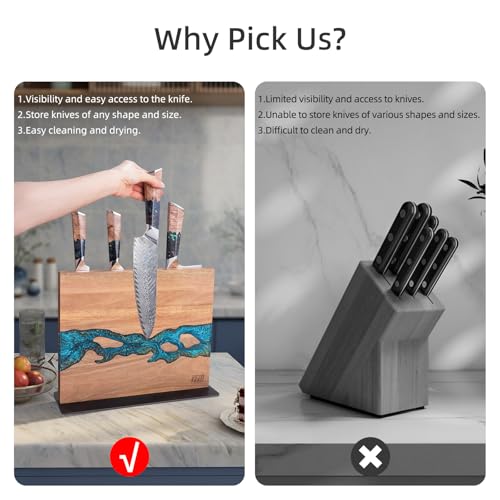 FINDKING Magnetic Knife Block, Double Sided Holder, Powerful Magnet Kitchen Storage, Acacia Wood and Blue Resin (12 x 10 Inches, Without Knives) - Image 5
